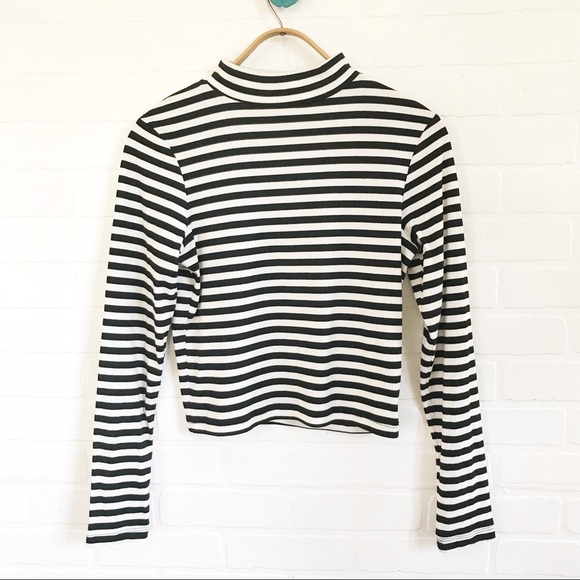 black and white striped mock neck
